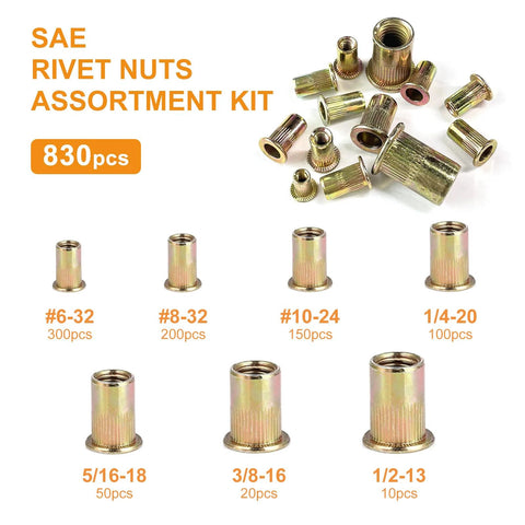 SAE rivet nut assortment kit, 830pcs; galvanized carbon steel flat-head threaded insert nuts in sizes #6-32 to 1/2-13