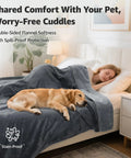 Waterproof Reversible Flannel Bed Blanket 60x80 Twin Size used by woman and dog on bed, grey, cozy for pets and kids.