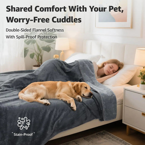 Waterproof Reversible Flannel Bed Blanket 60x80 Twin Size used by woman and dog on bed, grey, cozy for pets and kids.