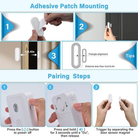 Installation and pairing steps for 5-In-1 Wireless Door Alarm Chime With LED Lights And Welcome Doorbell