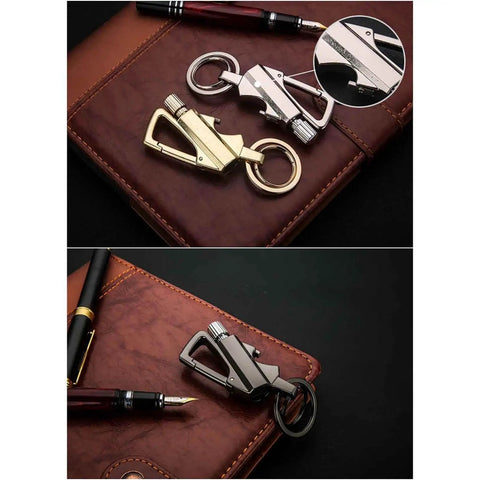 Infinity Strike Lighter With Multitool Keychain And Bottle Opener Plus Reusable Flint Fire Starter on leather book