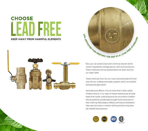 Front view of four brass gate valves with wheel and lever handles; lead-free water shutoff fittings.