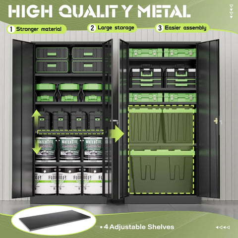 Heavy Duty 72 Inch Metal Storage Cabinet With 4 Adjustable Shelves And 2 Doors For Garage Workshop Office Or Home Black Durable Steel Tool Organizer And More, open showing contents organized inside
