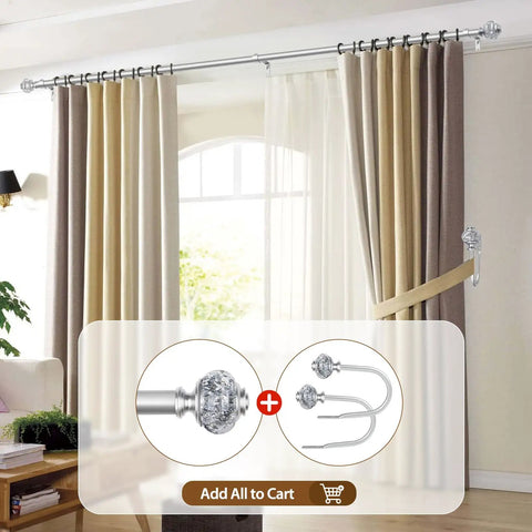 Living room with Telescoping Curtain Rod Set 32 To 58 Inches Adjustable 7 Eighth Inch Drape Rod For Windows 20 To 54 Inches Silver With Translucent Finials Decorative Home Curtain Hardware Easy Glide, featuring beige and brown curtains.