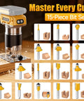 Brushless Cordless Trim Router Smooth Operator 20 V Battery Fit 30000 Rpm Palm Tool with 15-piece bit set for woodworking.