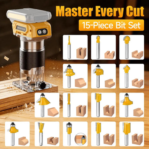 Brushless Cordless Trim Router Smooth Operator 20 V Battery Fit 30000 Rpm Palm Tool with 15-piece bit set for woodworking.