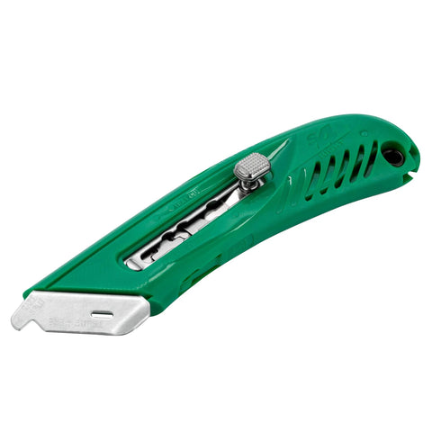 Pacific Handy Cutter S4R safety cutter, green plastic handle with retractable blade and steel guard