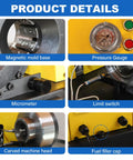 Pro Level Electric Hydraulic Hose Crimper With Eight Slick Dies showing pressure gauge, micrometer, limit switch, and fuel filler cap.