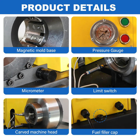 Pro Level Electric Hydraulic Hose Crimper With Eight Slick Dies showing pressure gauge, micrometer, limit switch, and fuel filler cap.