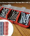 Two Pack Screw Organizer Storage Bins With Lids, Grab And Go Stackable Plastic Hardware Box For Garage Nails And Craft Tools, 4 Compartments, Clear Tops, Works On Tool Carts And Workbenches
