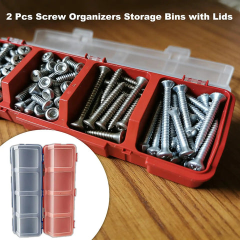 Two Pack Screw Organizer Storage Bins With Lids, Grab And Go Stackable Plastic Hardware Box For Garage Nails And Craft Tools, 4 Compartments, Clear Tops, Works On Tool Carts And Workbenches