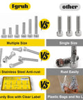 Comparison of Mega M2 Hex Socket Head Cap Screw Set 1260 Pieces Stainless Steel 304 with other screws in size, material, and packaging.