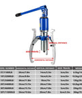 Rock Solid 20 Ton Hydraulic Gear Puller With Adjustable Two And Three Jaw Bearing Separator Portable Steel Extractor showing specifications.