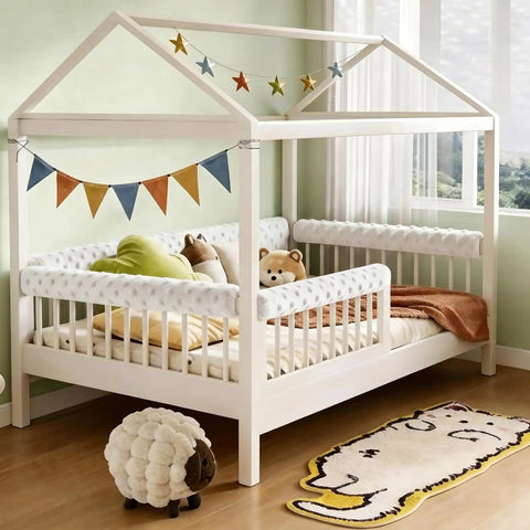 Toddler Bed Rail Bumpers Set For Safe Sleep With Soft Kid Safe Padding fits most beds in room; stuffed animals and decor visible.