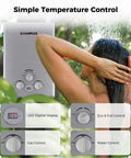 Woman using Portable Propane Water Heater For Camping With 41,000 BTU And 1.58 GPM Flow, Lightweight 13 Lb Tankless Outdoor Shower Heater