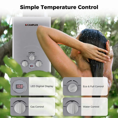 Woman using Portable Propane Water Heater For Camping With 41,000 BTU And 1.58 GPM Flow, Lightweight 13 Lb Tankless Outdoor Shower Heater
