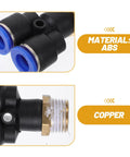 Top Tier 16 Piece Air Hose Connector Fitting Kit Made With Tough Abs And Copper For Fast Push-To-Connect Setup On Any Air Compressor Or Pressure Washer Job ABS fitting close-up with blue push-connect ends and copper threaded adapter