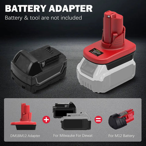 18V To 12V Battery Adapter Converter For Power Tools with M18 to M12 compatibility shown in use, red and black adapter unit.