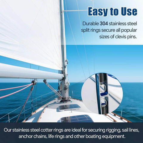 Sailboat with 304 stainless steel clevis pin and split rings, part of the 70 Piece Stainless Steel Cotter Ring Kit With Five Sizes For Marine Use, Durable Rust Resistant Cotter Pins, Split Rings And Clevis Pin Security For Sailboat Rigging, Saltwater Ready Hardware.