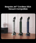 Three Bespoke Jet Cordless Stick Vacuums, compatible with Clean Station, shown in white, green, and blue.
