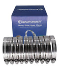 Ten pack of Beefy 4 Inch Worm Gear Hose Clamp Full Stainless Steel With Half Inch Band Width displayed in front of box