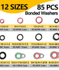R134a AC O-ring gasket kit with 12 sizes and 85 bonded washers, including seals for various automotive air conditioning systems.