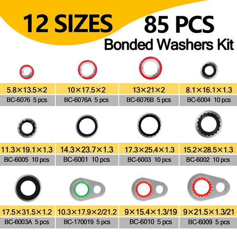 R134a AC O-ring gasket kit with 12 sizes and 85 bonded washers, including seals for various automotive air conditioning systems.