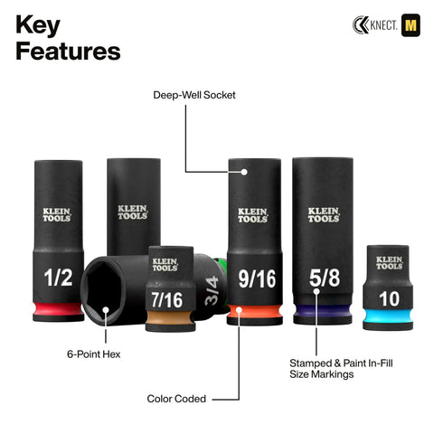 Dual Profile Impact Socket Set With Deep Well And Shallow Sockets 3 By 8 Inch Drive 44 Piece SAE And Metric Kit, color-coded
