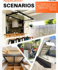 Collage showing Beefy 17 Inch Gas Strut Set 35 Lb Lift in use on RV bed, cabinet door, and outdoor storage with L-type mounts