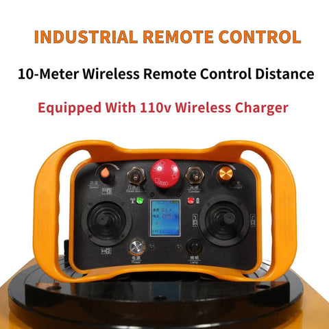 Industrial remote control for Smooth Rolling Heavy Duty Electric Machine Mover Skate Kit with 10-meter range and wireless charger.