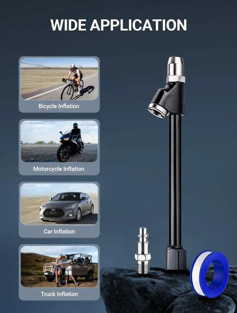 Extended Reach Dual Head Air Chuck Set 1 Quarter Inch FNPT With Quick Plug displayed for bike, motorcycle, car, and truck inflation