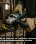 Worker using Pro Grade Metal Prep Kit for Angle Grinder With 25 Pack Strip and Flap Disc Set for rust removal on metal gate.