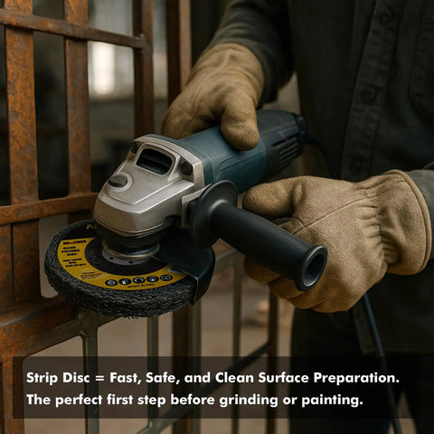 Worker using Pro Grade Metal Prep Kit for Angle Grinder With 25 Pack Strip and Flap Disc Set for rust removal on metal gate.