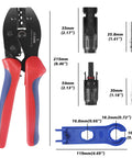 All-In-One Solar Panel Replacement Tools Kit with crimper, connectors, spanners, and dimensions for 13-10 AWG cables.