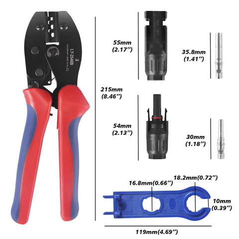 All-In-One Solar Panel Replacement Tools Kit with crimper, connectors, spanners, and dimensions for 13-10 AWG cables.
