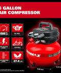 Six Gallon Pancake Air Compressor With 150 Psi Output And 2.6 Cfm Flow, Rock Hard Steel Tank, Padded Carry Strap, Non Slip Base, Hella Reliable Shop Beast For Weekend Grinds And Tailgate Tools In Vibrant Red with gauge and portable handle.