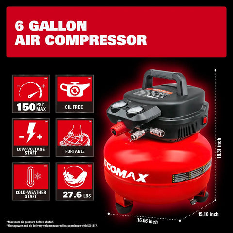 Six Gallon Pancake Air Compressor With 150 Psi Output And 2.6 Cfm Flow, Rock Hard Steel Tank, Padded Carry Strap, Non Slip Base, Hella Reliable Shop Beast For Weekend Grinds And Tailgate Tools In Vibrant Red with gauge and portable handle.