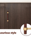 Walnut Cabinet Pulls Set 2 Pack Modern Long Handles for Kitchen with brass accents on wooden cabinet, 96mm Hole Spacing