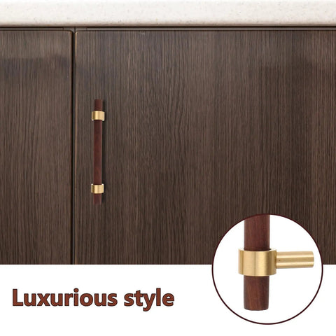 Walnut Cabinet Pulls Set 2 Pack Modern Long Handles for Kitchen with brass accents on wooden cabinet, 96mm Hole Spacing