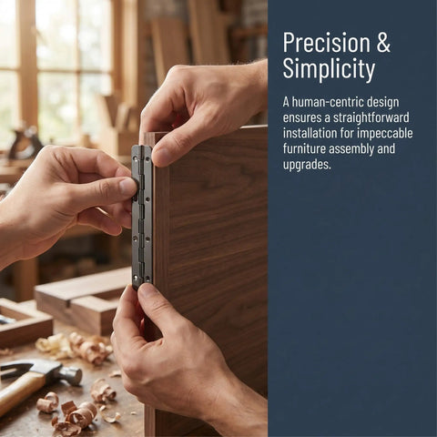 Installing 2 Piece Heavy Duty Stainless Steel Piano Hinge 5 Inch Black on wooden cabinet for easy upgrades.