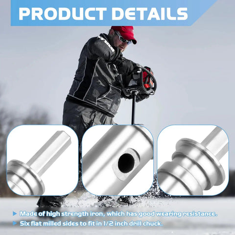 Two Stage Drill Adapter Replacement For NDA3 Auger Adapter in use with ice auger, showing metal construction details and multiple views.