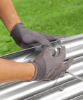 Hands assembling Sturdy Galvanized Metal Raised Garden Bed Kit Three Pack 6x3x1ft Outdoor Planter Box. Silver finish, weatherproof.