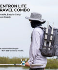 Person carrying Centron Lite Travel Baitcasting Rod and Reel 4 Piece Packable Fishing Combo on backpack, outdoors.