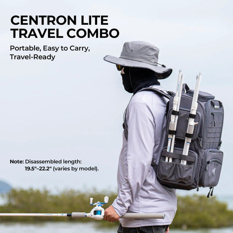 Person carrying Centron Lite Travel Baitcasting Rod and Reel 4 Piece Packable Fishing Combo on backpack, outdoors.