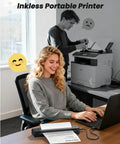 No Brainer Wireless Thermal Printer That Spits Crisp Eight By Eleven Docs Straight From Your Phone Without Inky Mess Sweet For Road Warriors And Campus Crews Needing Fast Prints On The Fly, used by woman at desk.