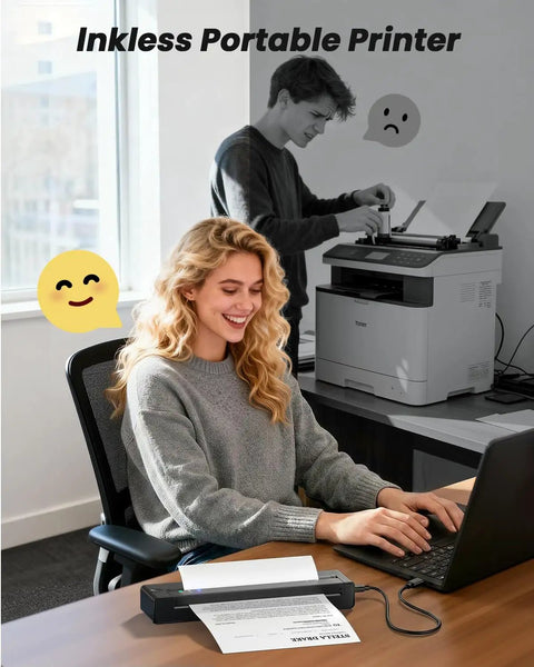 No Brainer Wireless Thermal Printer That Spits Crisp Eight By Eleven Docs Straight From Your Phone Without Inky Mess Sweet For Road Warriors And Campus Crews Needing Fast Prints On The Fly, used by woman at desk.
