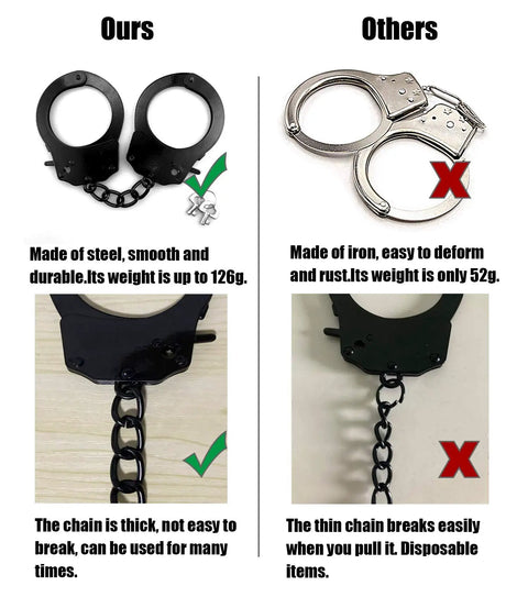 Comparison between black Metal Toy Handcuffs With Keys Adjustable Black Handcuffs 126g and silver iron handcuffs 52g