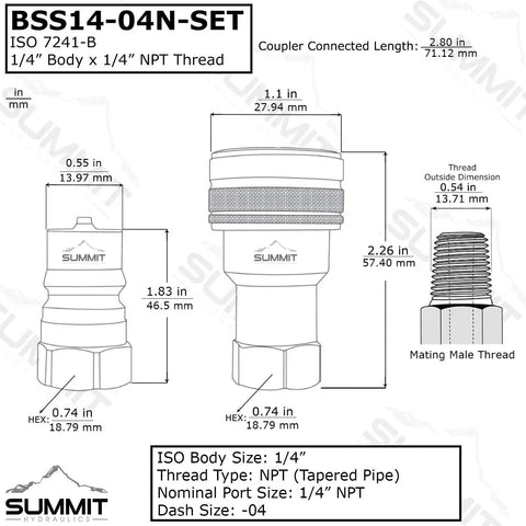 Heavy Duty 1/4 Inch Npt Iso 7241 B Series Stainless Steel Quick Disconnect Hydraulic Coupling Set dimensions diagram.