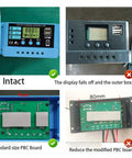 Comparison of 30A PWM Solar Charge Controller for 12V/24V systems with intact and split displays, standard and modified PCB boards.