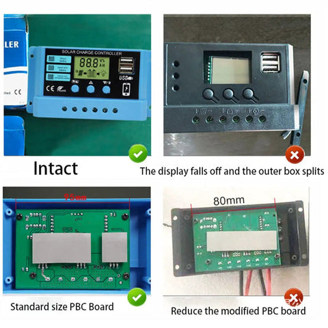 Comparison of 30A PWM Solar Charge Controller for 12V/24V systems with intact and split displays, standard and modified PCB boards.